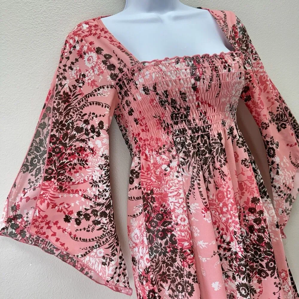 Vtg Y2K Fairy Top Size M Smocked Asymmetric Bell Sleeve Whimsi Ethereal Dainty - Picture 3 of 12